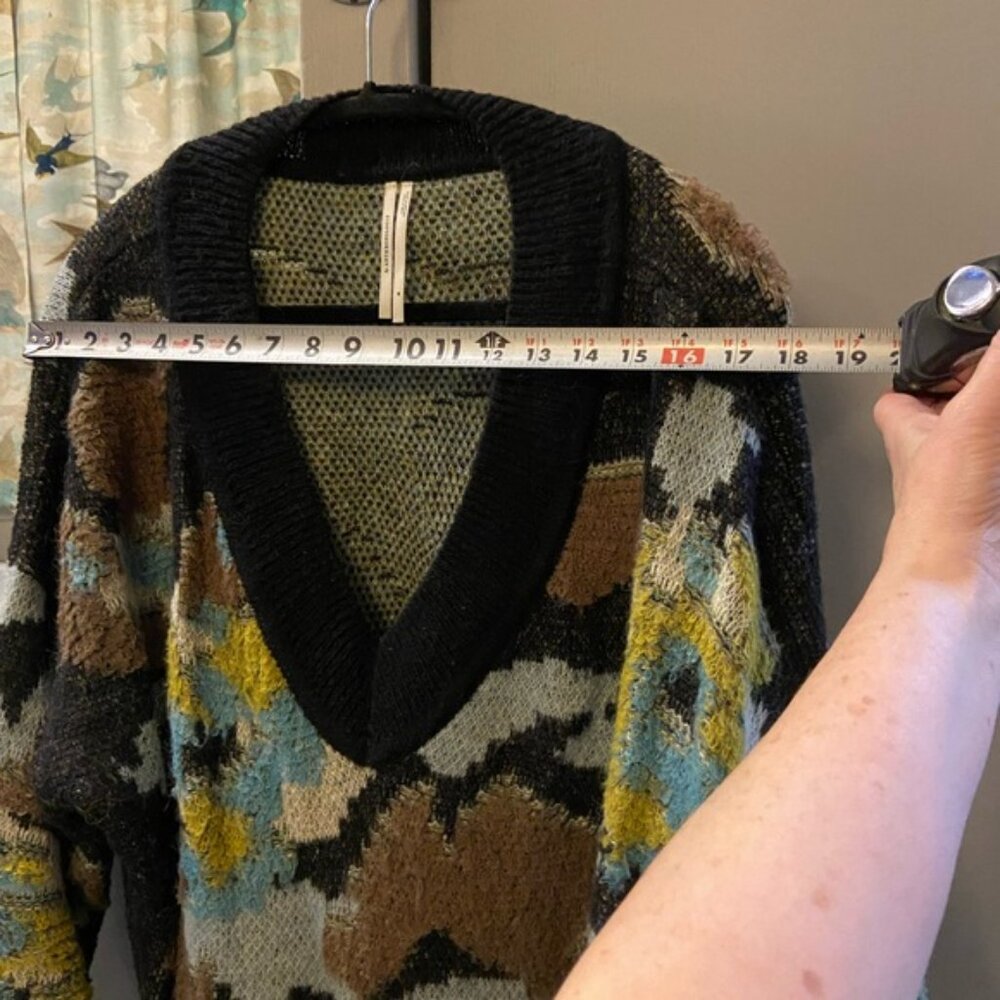 Anthropologie Black, Teal, Blue, Green, and Brown V-Neck Sweater